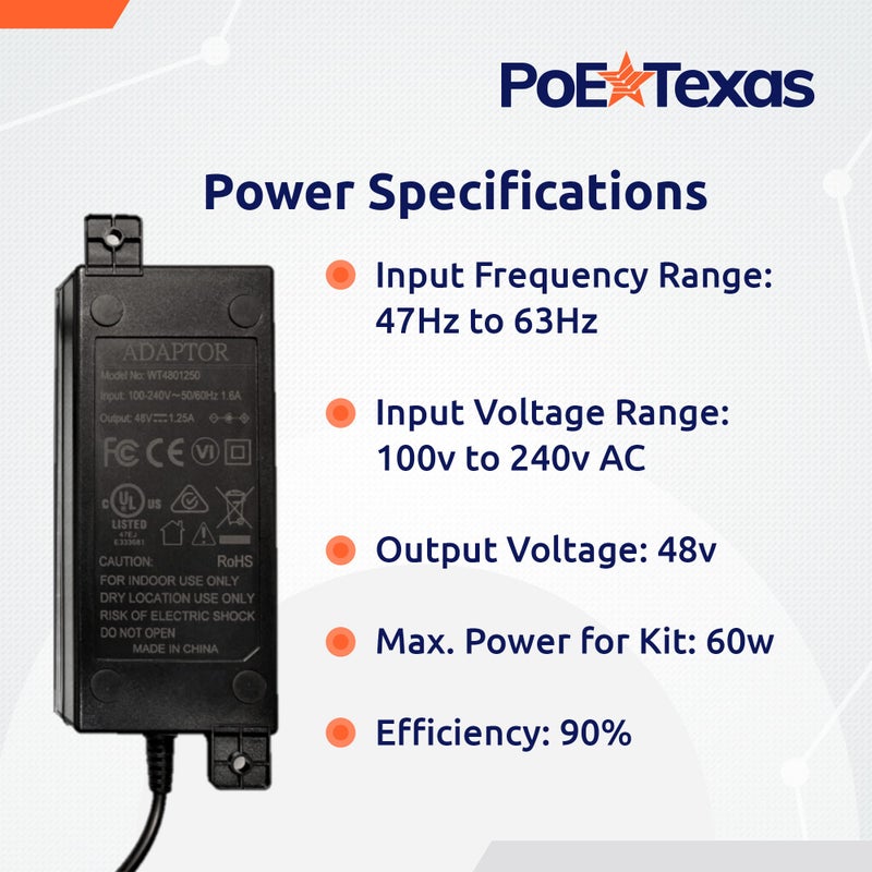 PoE Texas مزود طاقة PoE تكساس 48 فولت - مزود طاقة 48 فولت 60 واط من AC إلى DC لتغذية الطاقة عبر الإيثرنت، محقن PoE، محول، مقسم، موسع، مفتاح شبكة - طاقة PoE 60 واط 48 فولت DC لأجهزة 802.3af، 802.3at - Image 4
